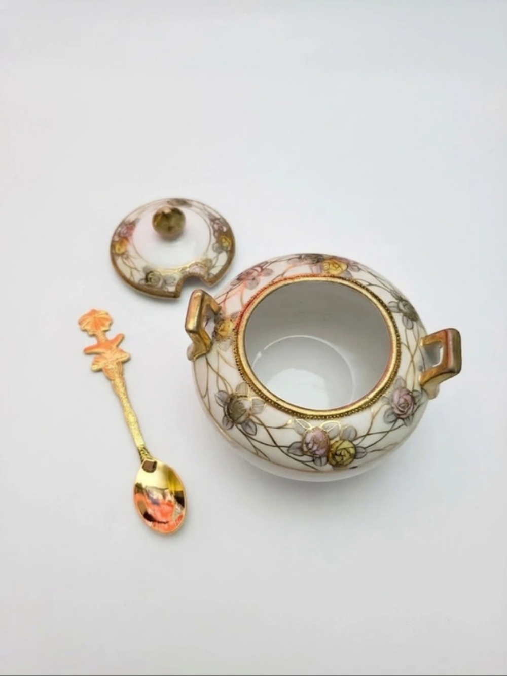 Antique Nippon Hand-Painted Porcelain Mustard Jar / Jam Pot with Spoon Pre-1921